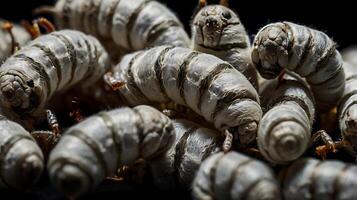 Close-up of a cluster of silkworms, showcasing their intricate textures and forms. photo