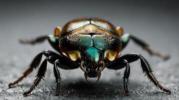 Macro shot of a vibrant iridescent beetle with intricate details on a textured surface photo