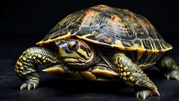 Stunning close up studio portrait of a vibrant turtle with intricate shell patterns. photo