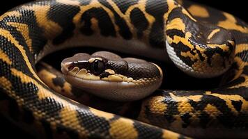 Stunning close-up of a coiled snake with intricate patterns and captivating eye contact photo