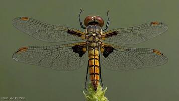A stunning macro shot of a dragonfly with its wings spread wide open. photo