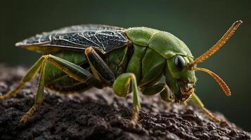 Close up macro shot of a vibrant green insect with detailed exoskeleton on wood. photo