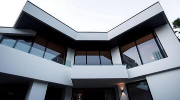 Modern architecture features a sleek white facade with expansive windows photo