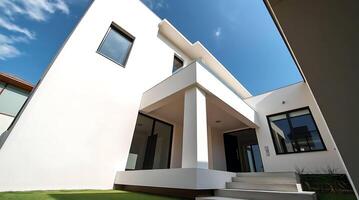 Modern architecture featuring a minimalist white house against blue sky photo