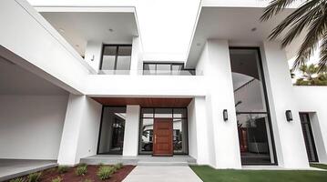 Modern home with white exterior and minimalist architecture style design photo