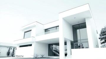 Modern white minimalist house exterior design with large windows view photo