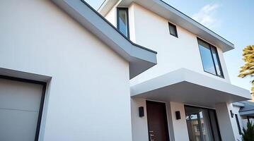 Modern house with minimalist architecture and white exterior design style photo
