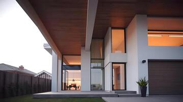 Modern house exterior design with minimalist architecture and landscaping photo