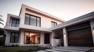 Modern white house with dark wood garage door and minimalist design style photo