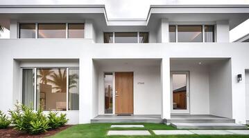 Modern white house exterior with clean lines and minimalist design style photo