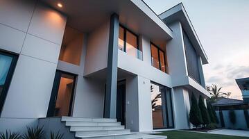 Modern architecture showcases a luxury home with contemporary design elements photo