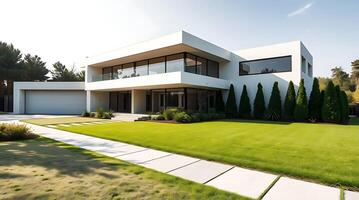 Modern architecture luxury home with manicured lawn and minimalist design photo