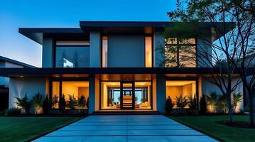Modern house exterior design with illuminated windows at twilight time photo