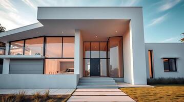 Modern minimalist house with clean lines and large windows at daytime photo