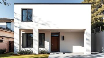 Modern minimalist home exterior design with white facade and clean lines photo