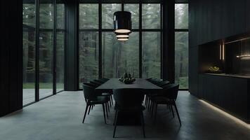 Modern minimalist dining room interior with expansive windows and forest view photo