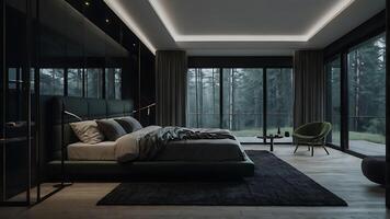 Luxurious modern bedroom interior with forest view creating a tranquil atmosphere. photo