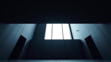 Minimalist architectural interior with bright window and geometric lines in blue tones photo