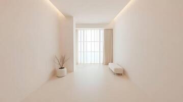 Minimalist interior design with soft beige tones creating a serene and calming space. photo