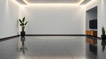 Modern minimalist interior design with rain effect and reflective floor visual photo