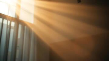 Beautiful sunbeams streaming through a window with curtains creating a warm atmosphere. photo