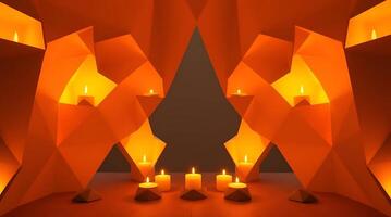 Abstract geometric orange installation with candles creating a warm and inviting ambiance. photo