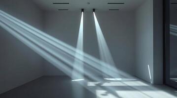 Minimalist interior scene with dramatic light and shadow creating abstract patterns photo