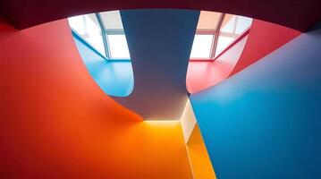 Abstract architectural interior with colorful curved walls and skylights for modern design. photo