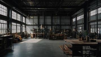 Interior view of a large industrial workshop with workshop tools and equipment photo
