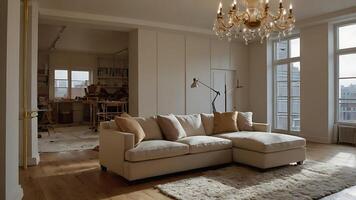 Elegant living room with a stylish sectional sofa and a luxurious chandelier photo