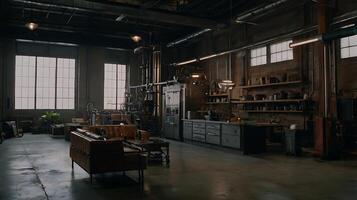 Industrial-style living space with exposed brick, machinery, and comfortable seating photo