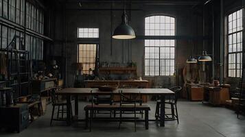 Industrial workshop interior with large dining table, windows and workshop tools photo