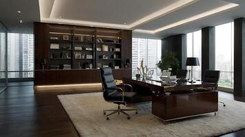 Elegant modern executive office interior with large windows and a luxurious desk photo