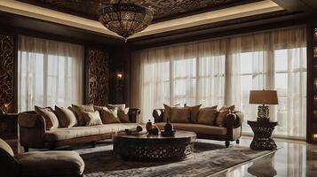 Luxurious living room with elegant furniture and intricate design elements. photo
