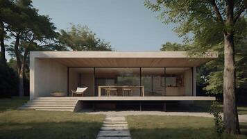 Modern minimalist home with large windows nestled in a lush green landscape setting. photo