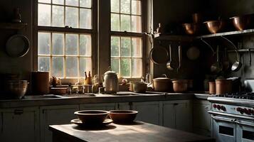Rustic kitchen interior with natural light and vintage cookware on display. photo