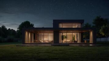 Modern illuminated two-story house with large windows under a starry night sky photo