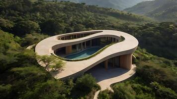 Stunning modern architectural design of a luxurious home amidst lush green hills photo
