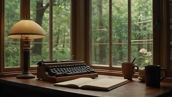 Cozy writing space with a vintage typewriter, open book, and coffee by a window photo