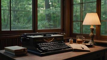 Vintage typewriter on a wooden desk with a lamp and open book near a window. photo