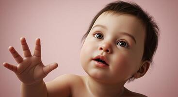 Adorable baby reaching out with curiosity and innocence on pink background photo