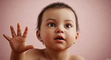 Adorable baby waving hand looking up with curiosity and innocence photo
