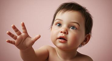Adorable baby reaching out with open hand against a pink background photo