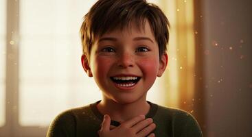 Adorable boy with freckles smiling warmly at camera with hand on chest photo