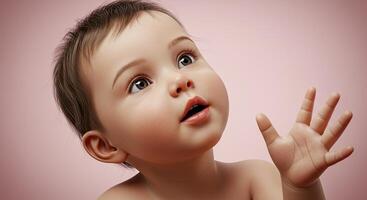 Adorable baby with big eyes and open hand reaching out curiously photo
