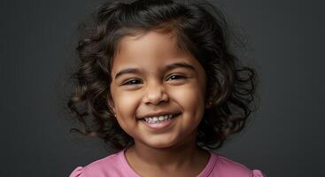 Adorable little girl smiles brightly showcasing her dimples and curls photo