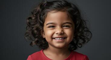 Adorable Little Girl with Curly Hair Smiles Brightly at the Camera photo