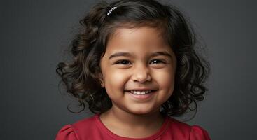 Adorable little girl with curly hair smiles brightly for a portrait photo