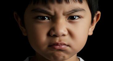Angry little Asian boy frowning with a scowl against a dark background photo