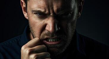 Angry man portrait expressing rage and frustration with clenched fist photo